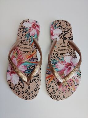 Havaianas Youth Girls Floral Flip Flops - Hibiscus on Animal Print Size 3/4 New